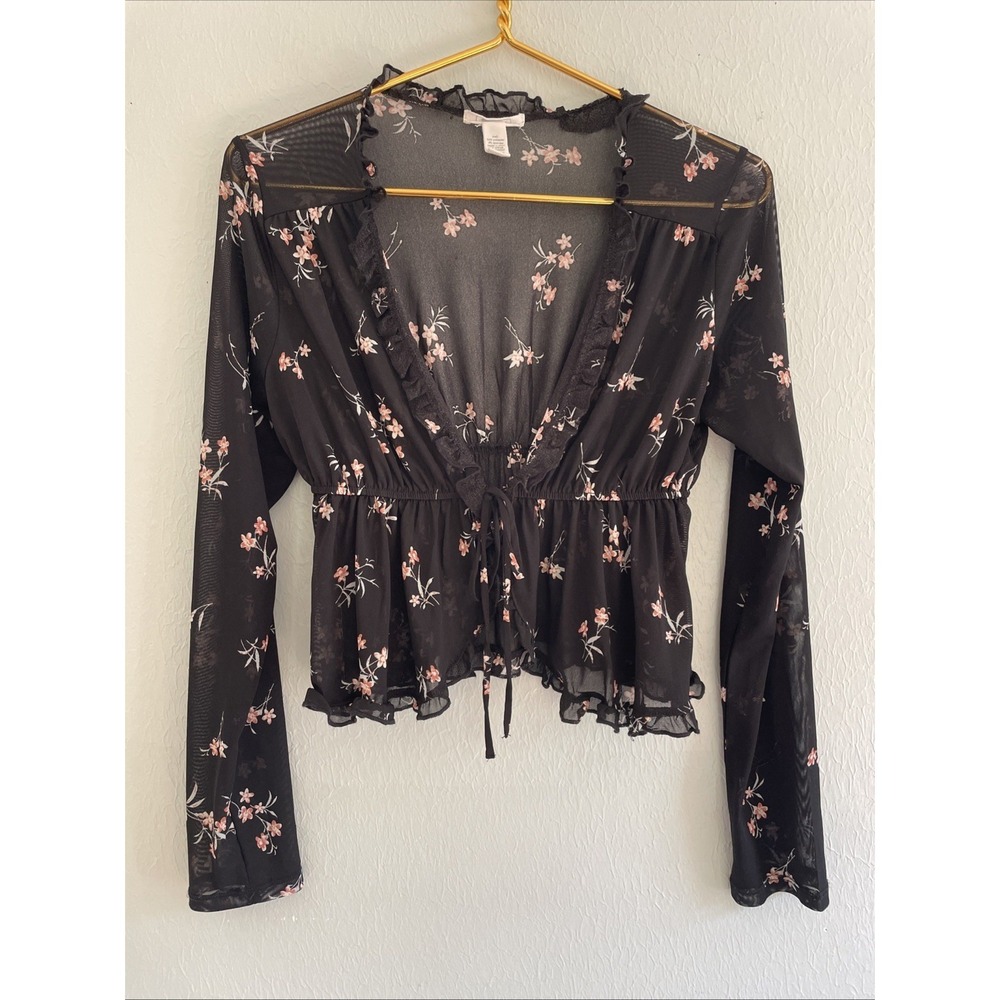 Sheer Mesh Black Floral Cardigan Y2K Retro‎ Indie Fairycore Whimsigoth M